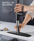 Installation of Black Kitchen Faucet With Dope Pull Down Sprayer Stainless Steel Single Handle Bar Sink Faucet on deck plate.