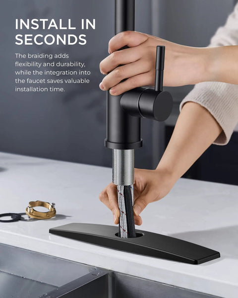 Installation of Black Kitchen Faucet With Dope Pull Down Sprayer Stainless Steel Single Handle Bar Sink Faucet on deck plate.