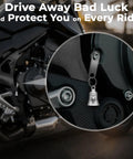 Close-up of Guardian Angel Biker Bell For Riders With Skull and Flame Style mounted on motorcycle