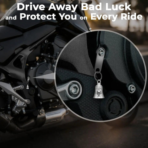 Close-up of Guardian Angel Biker Bell For Riders With Skull and Flame Style mounted on motorcycle