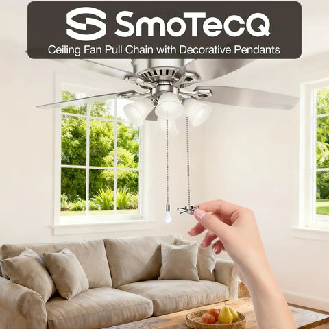 Sweet Copper Ceiling Fan Pull Chain Extender Set With Frosted Glass Bulb And Blade Charm Ornament Silver Tone For Easy Peasy Diy Installation total home upgrade showcasing a hand pulling the chain.