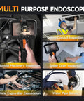 Slim 0.25 Inch Dual Lens Articulating Borescope in use for inspections shown in various scenarios like engine and pipes.