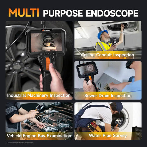 Slim 0.25 Inch Dual Lens Articulating Borescope in use for inspections shown in various scenarios like engine and pipes.