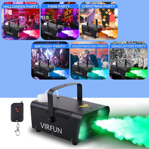 All In One Fog Machine With 6 LED Lights And 12 Color Effects, Wireless And Wired Remote Control for parties and events.