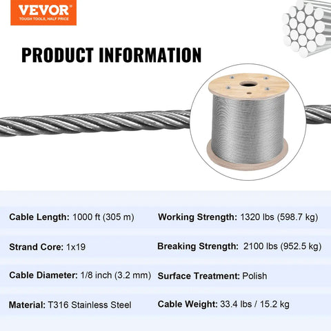 Stainless Steel Cable Rope One Eighth Inch For Railing Systems And DIY Projects, 1000 Ft Roll, T316 Stainless, 1x19 Core