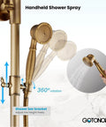 Antique Brass Shower Faucet With 8 Inch Rain Head And Handheld Spray showing 360 rotation and adjustable bracket