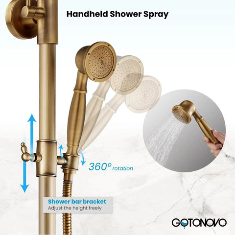 Antique Brass Shower Faucet With 8 Inch Rain Head And Handheld Spray showing 360 rotation and adjustable bracket