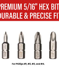 Shake-N-Break Air Impact Screw Remover For Rusted, Corroded And Over Tightened Fasteners With.401 Inch Shank Air Hammer Compatibility And Includes Four Phillips Bits showing hex bits.
