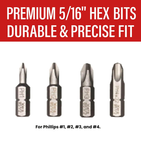 Shake-N-Break Air Impact Screw Remover For Rusted, Corroded And Over Tightened Fasteners With.401 Inch Shank Air Hammer Compatibility And Includes Four Phillips Bits showing hex bits.