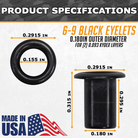 Black Coated Binding Eyelets 100 Pack Length Six To Nine Three Sixteenths Inch Diameter USA Made Rivets with dimensions