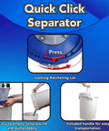 Assembled Quick Click Dust Collection Separator With Tough Five Gallon Locking Barrel And Ten Foot Commercial Hose For Knockout Debris Filtering Smooth Run, showing locking lid and easy transport handle.