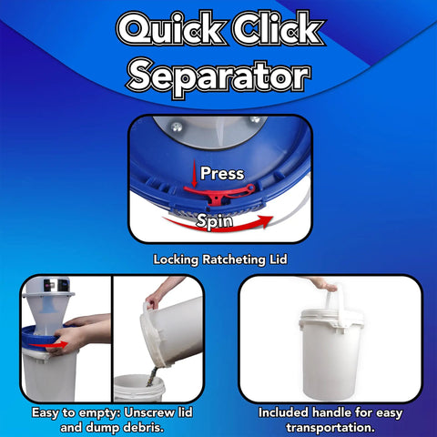 Assembled Quick Click Dust Collection Separator With Tough Five Gallon Locking Barrel And Ten Foot Commercial Hose For Knockout Debris Filtering Smooth Run, showing locking lid and easy transport handle.