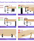 Installation conditions for 36 Inch Under Desk Cable Management Tray With Clamp And Screws, showing correct and incorrect setups.