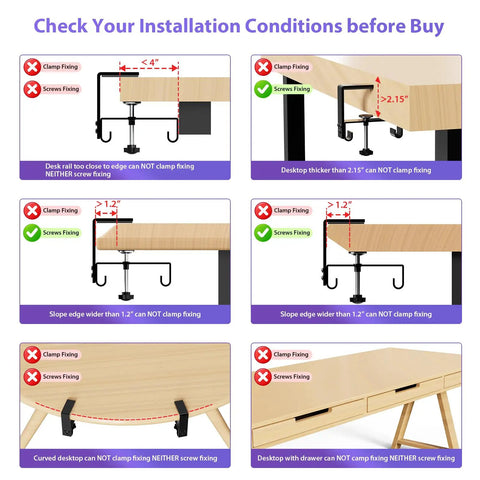 Installation conditions for 36 Inch Under Desk Cable Management Tray With Clamp And Screws, showing correct and incorrect setups.