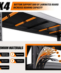 Hella Sturdy Heavy Duty Metal Storage Shelves With Rock Solid Frame And No Sweat Setup Four Tier Adjustable Garage Shelving Rack For Home Shop Or Warehouse, showing bottom support bar for enhanced bearing capacity.