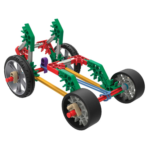 STEM Vehicle Building Kit With 130 Plus Parts For Kids Ages 8 And Up, Build 7 Hands-On Vehicles Powered By Push, Rubber Band, Wind Or Spring Motor, Learn Potential And Kinetic Energy, Velocity, Acceleration, Motion, And Graphing Concepts. assembled plastic vehicle with wheels