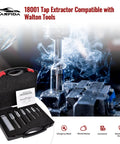 Must-Have All-in-One Tap Extractor Set for Removing Broken Taps and Threads, 6 piece kit with toolbox and spare fingers displayed.