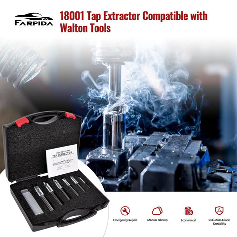 Must-Have All-in-One Tap Extractor Set for Removing Broken Taps and Threads, 6 piece kit with toolbox and spare fingers displayed.