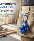 Heavy Duty Framing Square Attachment Jigs With Anti Slip Stair Gauges And 90 Degree Right Angle Clamps For Zero Play Carpenter Setup And Dead Square Woodworking Alignment Tools 2 Pack, blue carabiner attached to tool belt.