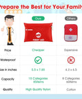 Front view of a red travel first aid kit pouch with zipper and FIRST AID label