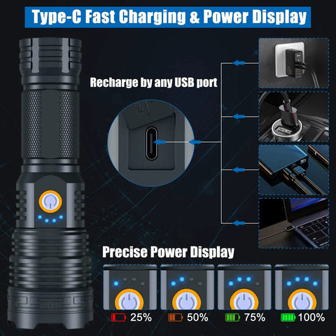 9000 Lumen Rechargeable LED Flashlight Waterproof With 5 Modes Long Battery Life Heavy Duty Aluminum Body showcasing charging methods and power display indicators.