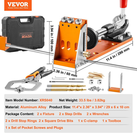 Pocket Hole Jig Kit Set With 34 Pieces For DIY Woodworking Projects 11 Inch C Clamp Fixture Step Drills Wrenches Stop Rings