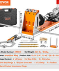 34 Piece Pocket Hole Jig Kit With Toolbox Adjustable Versatile Pocket Hole Jig Set Featuring 11 Inch C Clamp Fixtures Step Drills Wrenches Drill Stop Rings Square Drive Bits Pro Grade Tool Kit Gift For Him displayed with C-clamp and accessories on white background.