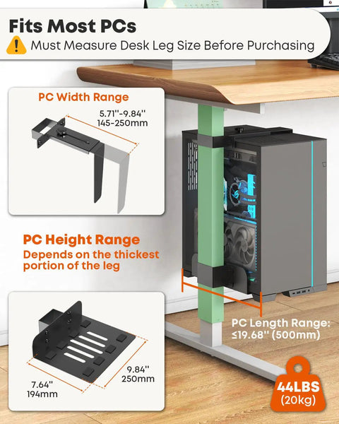 Under Desk Computer Mount For Standing Desks Clamp On PC Holder with adjustable width features for varied PC sizes.