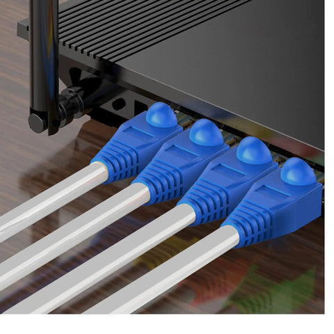 Soft PVC RJ45 Strain Relief Boots For Cat5 Cat5e Cat6 Cables Blue 100 Pack shown in network switch setup