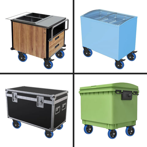 5-inch caster wheels with brakes, set of 4, blue swivel casters shown mounted on a cart, cabinet, case, and bin.