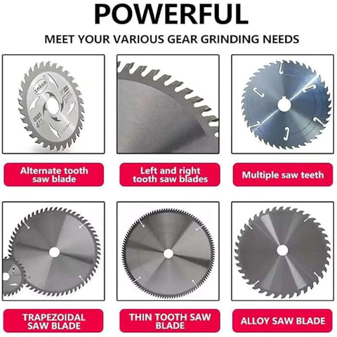 Heavy Duty Electric Saw Blade Sharpener Dry Wet Circular Grinder Precision Angle Mill Tool With Coolant Tank And Handy Ring Holder showcasing various saw blades.