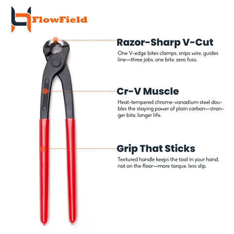 10 Inch Ear Clamp Pliers High Leverage Carpenter Pincer Nail Puller End Cutting PEX B Clamp Pliers, chrome-vanadium steel, red handles