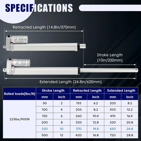 Specifications for Heavy Duty DC 12V 10 Inch Stroke Linear Actuator with mounting bracket and 900N lift capacity.