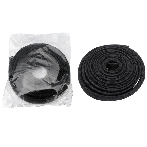 1 Inch PET Expandable Braided Cable Sleeve, 26 Ft Black Wire Loom, packaged and coiled view, anti stretch and anti friction sheathing