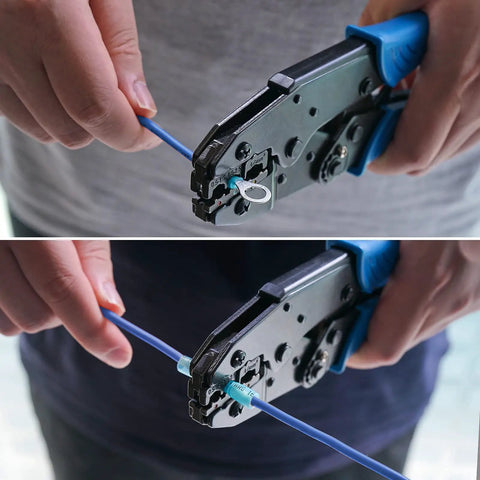 Heat Shrink Connector Crimping Tool With Ratcheting Crimper Pliers in use, securing terminal crimp on wire, focus on 30C Die Blue.
