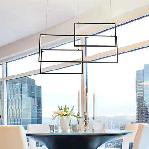 Contemporary LED Square Pendant Light Chandelier In Black, Dimmable Adjustable Cord Length, Ideal For Dining Room