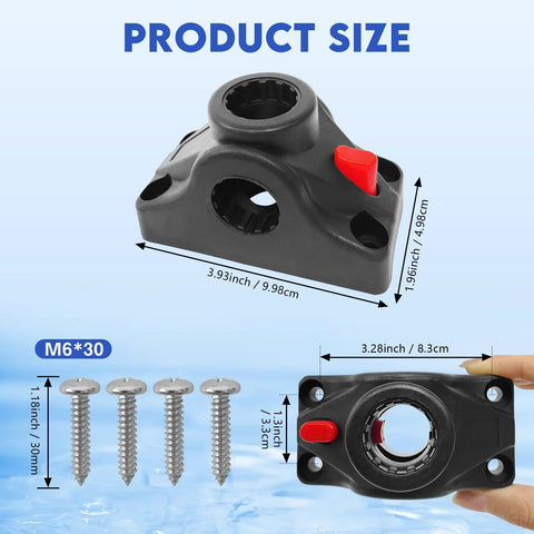Universal trolling motor stabilizer bracket, black plastic with red quick-release lever; includes four M6x30 screws.