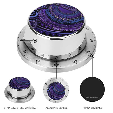 Purple Tribal Pattern Stainless Steel Timer With Magnetic Base Dope Countdown Timer For Kitchen Gym Office And Home Cooking Baking And Workouts Durable Metal Housing For Everyday Use, showing top view and features