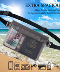 2 Pack Waterproof Phone Pouch With Adjustable Waist Strap on beach showing phone and passport inside
