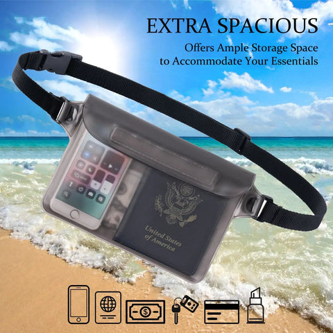 2 Pack Waterproof Phone Pouch With Adjustable Waist Strap on beach showing phone and passport inside