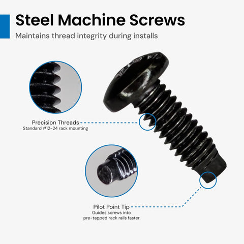 Rock Solid Boss Level Rack Mount Screws Featuring 12 24 Threads For Standard 19 Inch Eia Server Cabs And Patch Shelves In Sleek Black close-up showing precision threads.