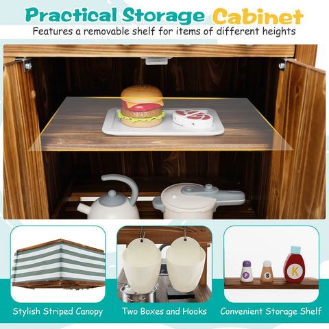 Interior view of Outdoor Mud Kitchen For Kids With Canopy Wooden Pretend Play Kitchen Chalkboard Four Stoves Removable Sink