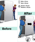 Installation of heavy duty caster wheels on large cabinet for easier mobility.