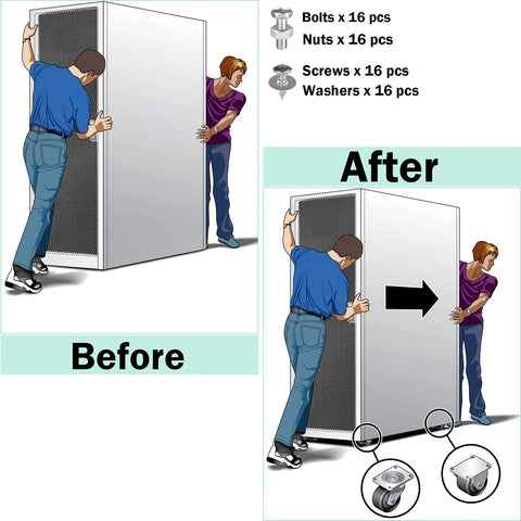 Installation of heavy duty caster wheels on large cabinet for easier mobility.