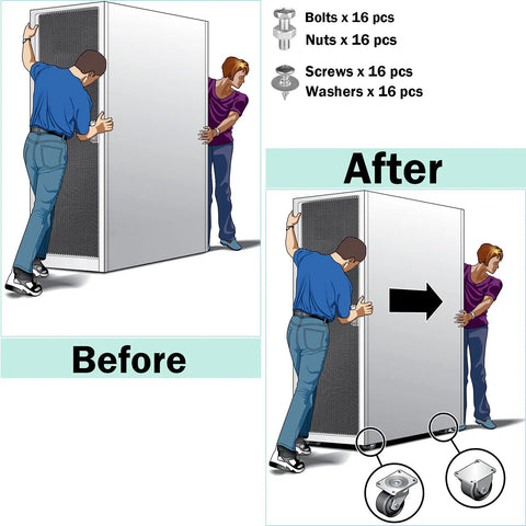 Before and after using Beefy 1.5 Inch Caster Set Of 16 Heavy Duty Industrial Wheels for moving large cabinet with ease, includes hardware