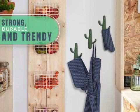 Roll With That Chill Southwest Vibe Using This Set Of Three Rustic Green Cast Iron Cactus Wall Hooks designed with dual arms hanging aprons.