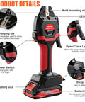 Heavy Duty Wireless Crimping Tool Kit With Seven Quick Swap Dies, 21 Volt Rechargeable Battery And Charger, detailing crimping die and power switch.