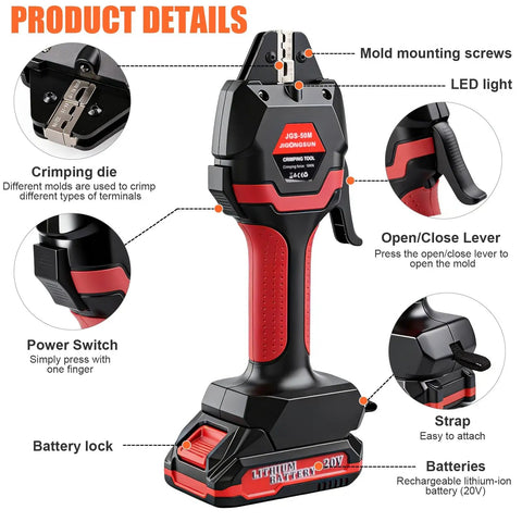 Heavy Duty Wireless Crimping Tool Kit With Seven Quick Swap Dies, 21 Volt Rechargeable Battery And Charger, detailing crimping die and power switch.