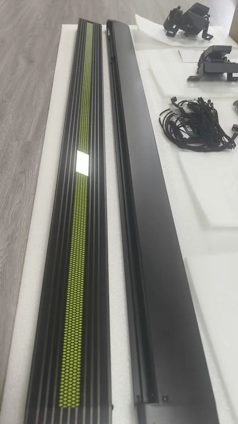 Slick Electric Deployable Running Boards For Tesla Cybertruck heavy duty cast aluminum side steps with retraction mechanism and assembly parts.