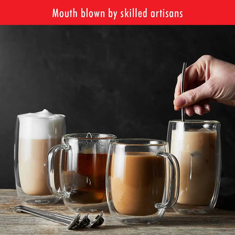 Four Piece Double Wall Insulated Glass Coffee Mug Set Keeps Hot Brews Steaming And Icy Drinks Frosty With Zero Sweat Marks Premium Borosilicate Glass Is Dishwasher Safe For Your Daily Grind Routine with hot and cold beverages.
